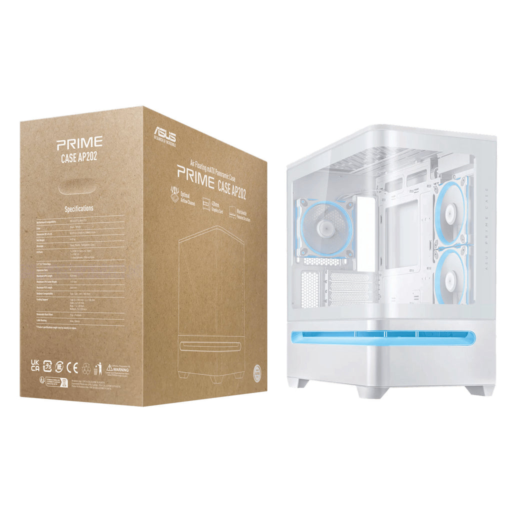 ASUS Prime AP202 ARGB Micro-ATX PC Case | Curved Tempered Glass | 420mm GPU Support | 360mm Radiator | 3× ARGB Fans | USB-C 20Gbps