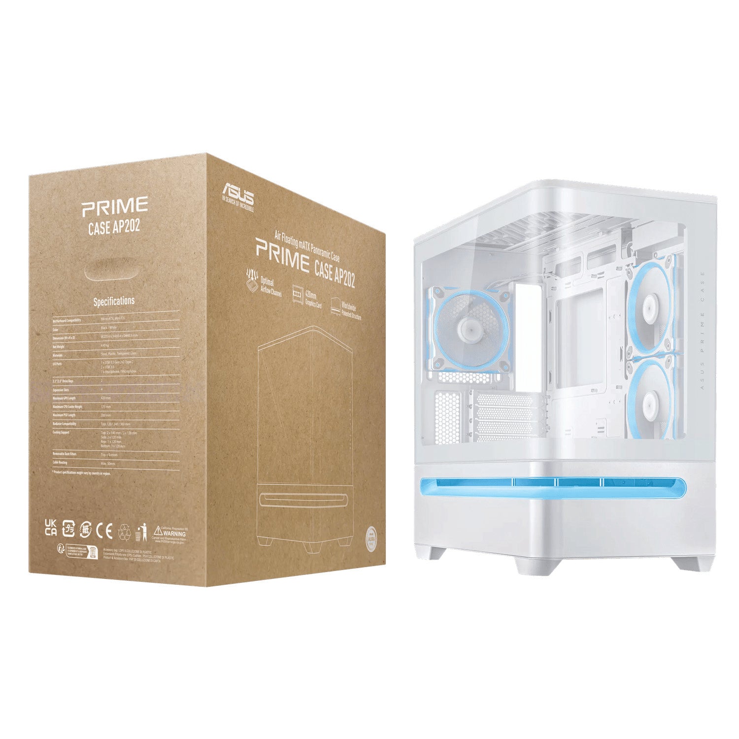ASUS Prime AP202 ARGB Micro-ATX PC Case | Curved Tempered Glass | 420mm GPU Support | 360mm Radiator | 3× ARGB Fans | USB-C 20Gbps