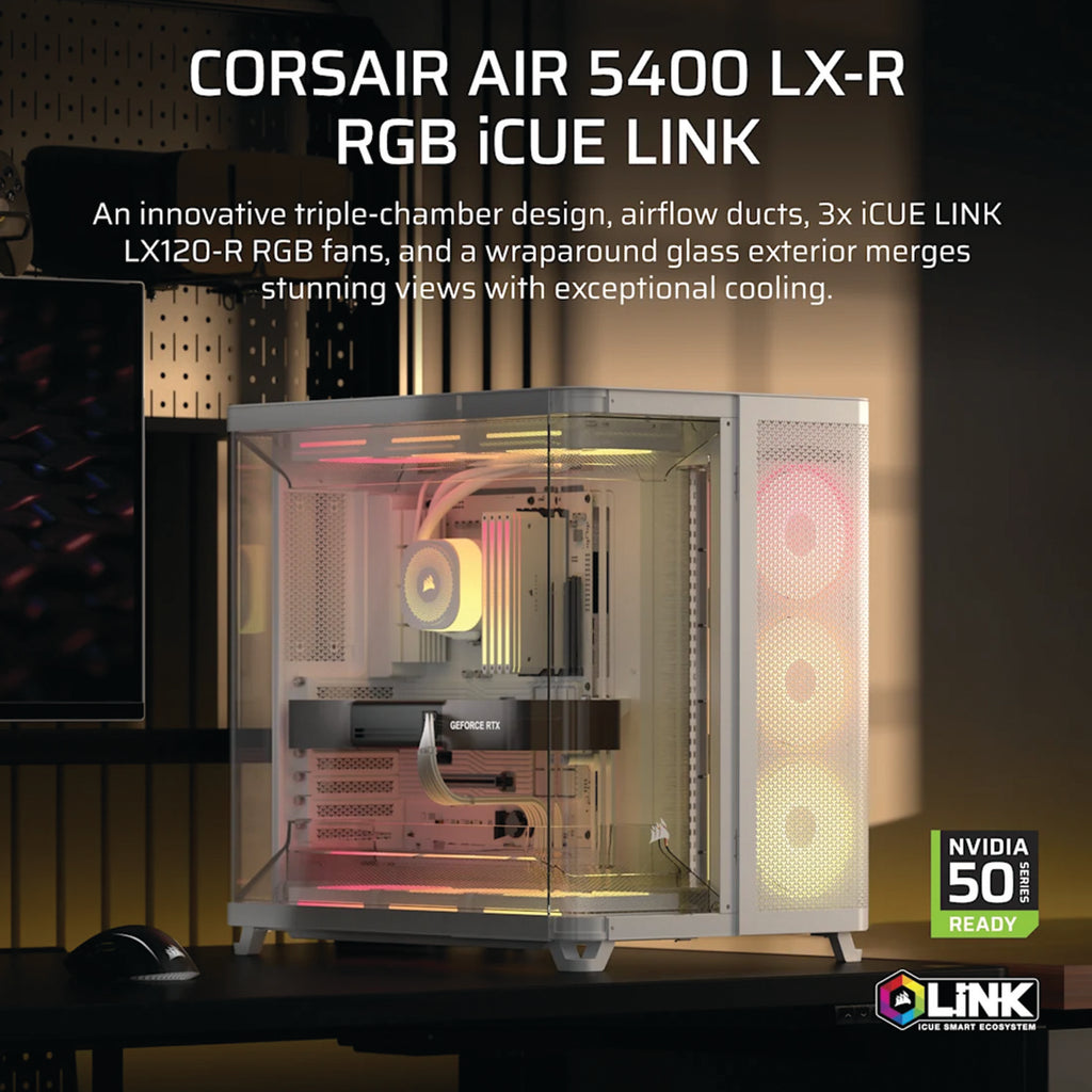 Corsair AIR 5400 LX-R RGB iCUE LINK Triple Chamber Mid-Tower PC Case - White