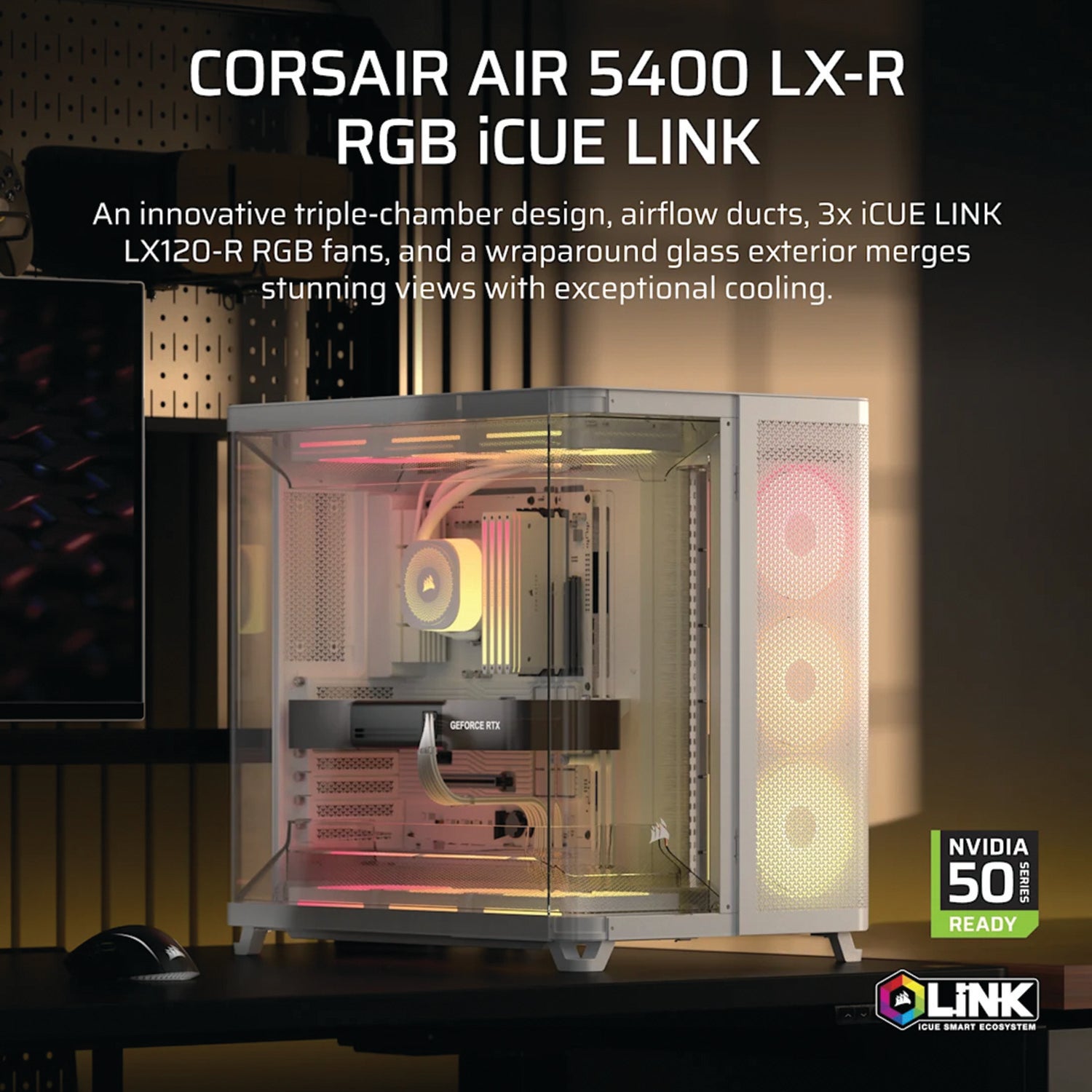 Corsair AIR 5400 LX-R RGB iCUE LINK Triple Chamber Mid-Tower PC Case - White